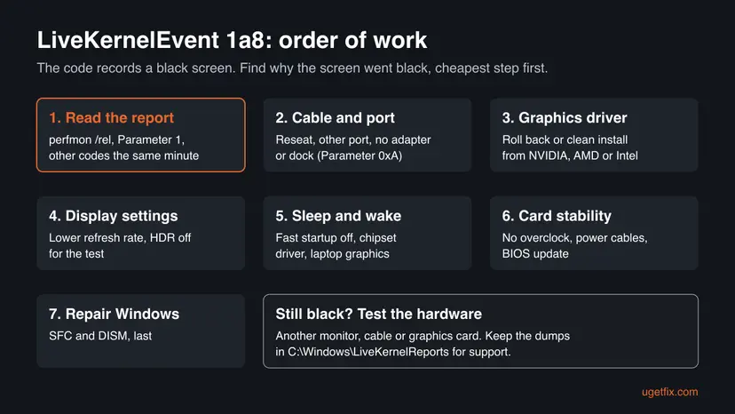 Order of work for LiveKernelEvent 1a8: read the report, cable and port, graphics driver, display settings, sleep and wake, card stability, repair Windows, then test the hardware
