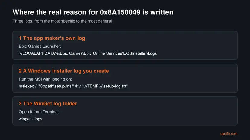 Three boxes listing where the reason for 0x8A150049 is written: the Epic EOSInstaller log folder, a Windows Installer log made with msiexec, and the WinGet log folder opened with winget --logs