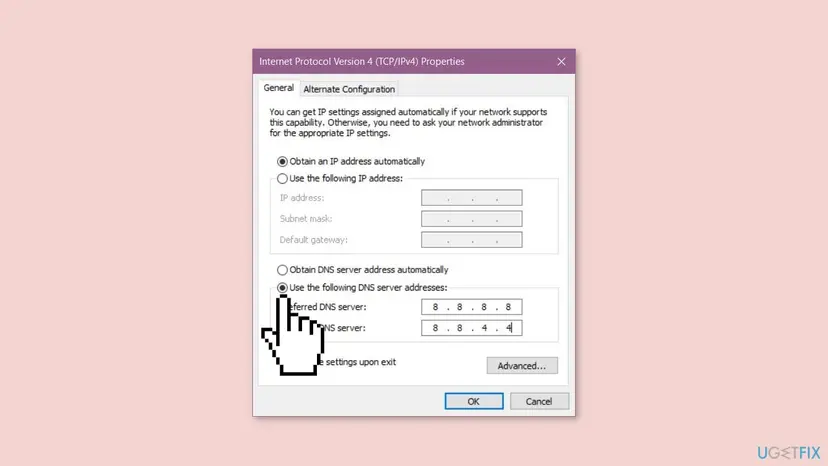 Internet Protocol Version 4 TCP/IPv4 Properties window with Use the following DNS server addresses selected and 8.8.8.8 and 8.8.4.4 entered