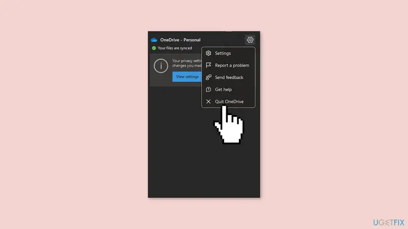 OneDrive panel opened from the taskbar with the gear menu showing Settings, Report a problem, Send feedback, Get help and Quit OneDrive