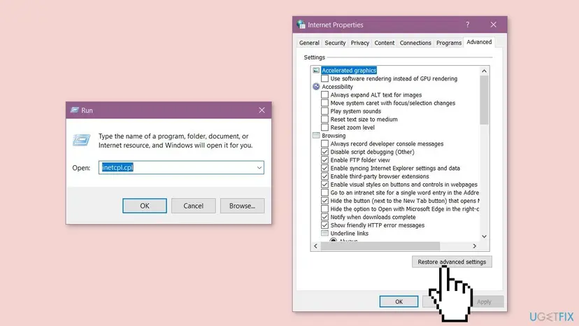 Run box with inetcpl.cpl typed in and the Internet Properties window on the Advanced tab with the Restore advanced settings button