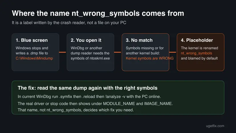 Four steps from a blue screen to the placeholder name: dump file, dump reader, symbols that do not match, and the kernel renamed nt_wrong_symbols