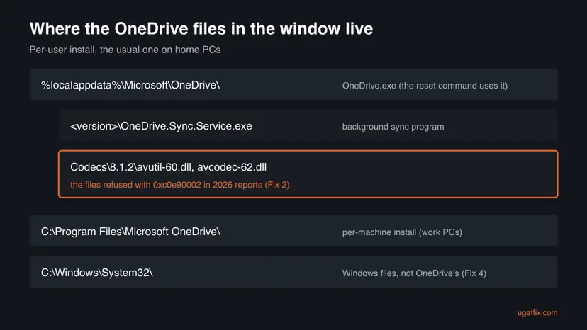 Map of OneDrive folders: OneDrive.exe in Local AppData, OneDrive.Sync.Service.exe in a version folder, the Codecs folder with avutil-60.dll and avcodec-62.dll, Program Files and System32