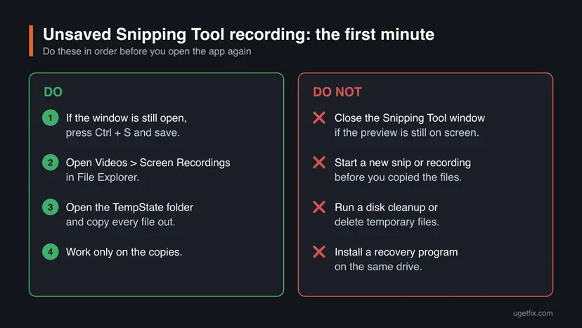 Infographic with two columns for an unsaved Snipping Tool recording: four things to do in order, starting with Ctrl + S, and four things not to do, such as closing the app.