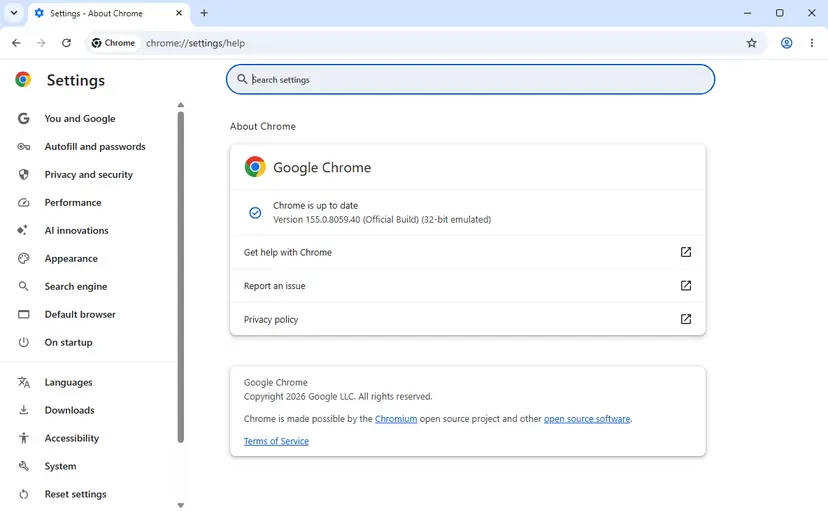 Chrome Settings on Windows 11 with the About Chrome page open, where Chrome checks for updates and offers to relaunch