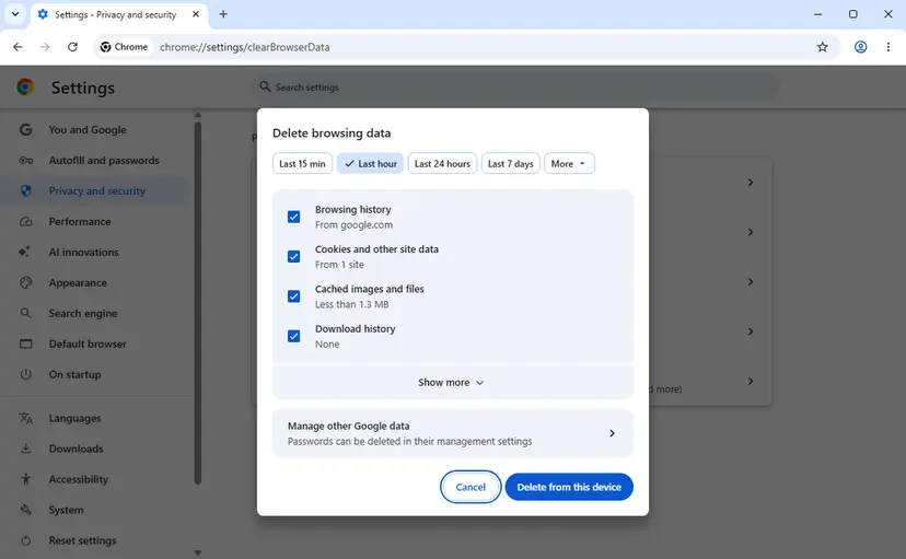 Chrome Delete browsing data dialog on Windows 11 with the time ranges Last 15 min to More at the top, four ticked boxes and the button Delete from this device