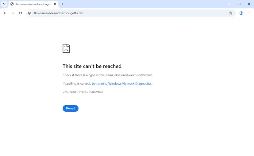 Chrome on Windows 11 with the page This site can't be reached, the line Check if there is a typo, the link try running Windows Network Diagnostics and the code DNS_PROBE_FINISHED_NXDOMAIN