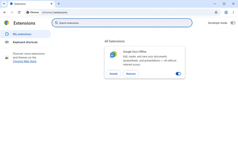 Chrome Extensions page on Windows 11 at chrome://extensions with the Developer mode switch at the top right and one extension card with Details and Remove buttons