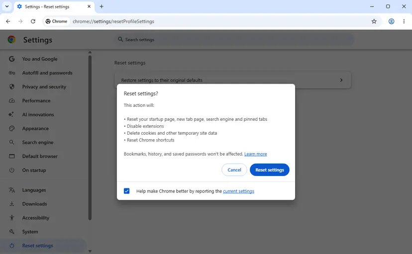 Chrome dialog Reset settings on Windows 11 that lists resetting the startup page, new tab page, search engine and pinned tabs, disabling extensions and resetting Chrome shortcuts