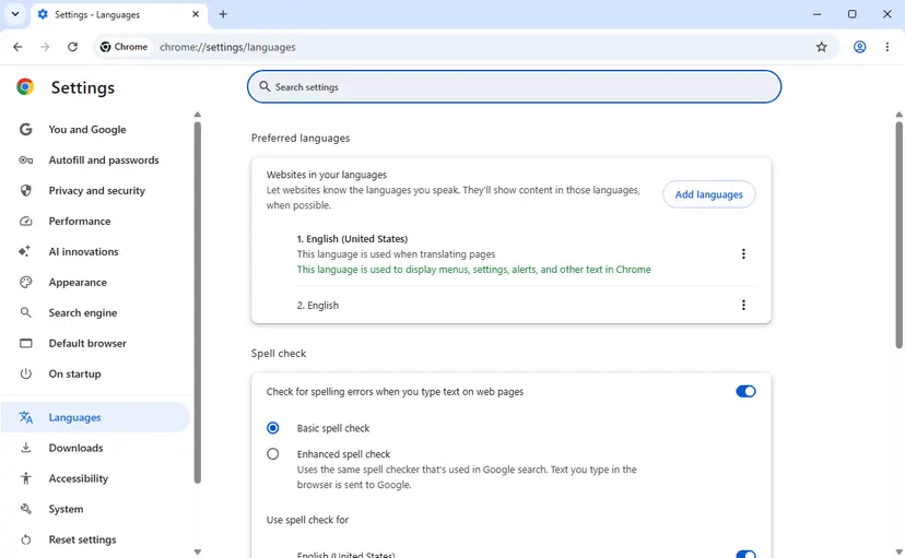 Chrome Settings on Windows 11 with Languages selected in the left menu and the Preferred languages and Spell check sections at the top of the page