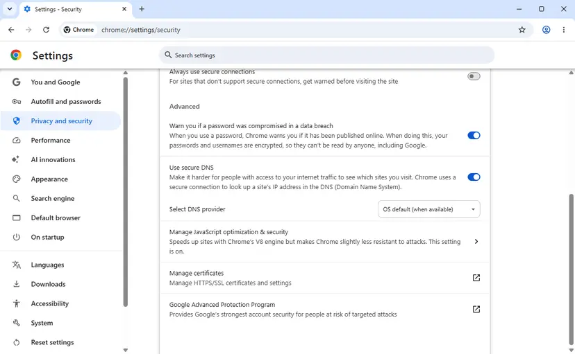 Chrome Settings Security page with Use secure DNS switched on and Select DNS provider set to OS default (when available)