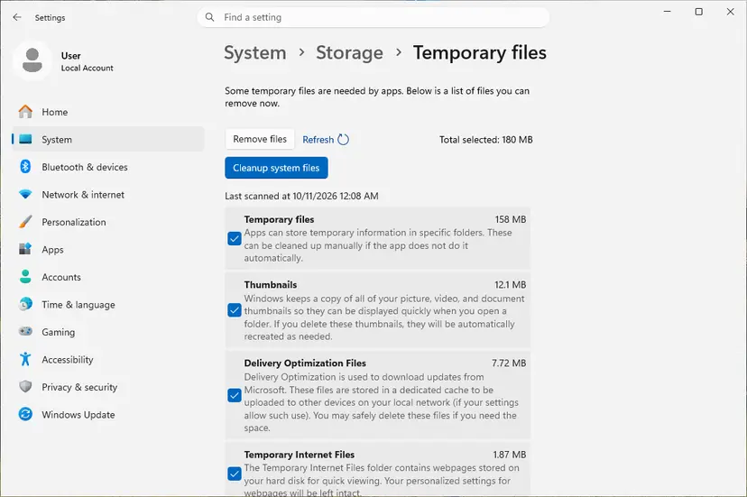 Windows 11 Settings, System > Storage > Temporary files with the Remove files button, the total selected size and the list of file groups with checkboxes