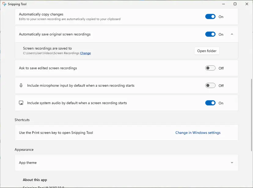 Snipping Tool settings, Screen recording section: Automatically save original screen recordings is on and the folder C:\Users\User\Videos\Screen Recordings is shown with Change and Open folder