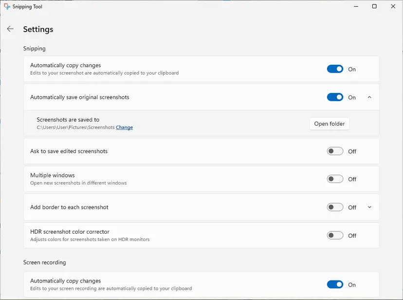 Snipping Tool settings, Snipping section: Automatically save original screenshots is on, saved to C:\Users\User\Pictures\Screenshots, with the Change link and the Open folder button