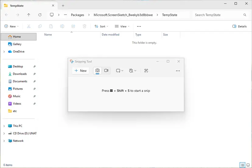 File Explorer at Packages > Microsoft.ScreenSketch_8wekyb3d8bbwe > TempState on Windows 11, empty, with the Snipping Tool window open in front of it