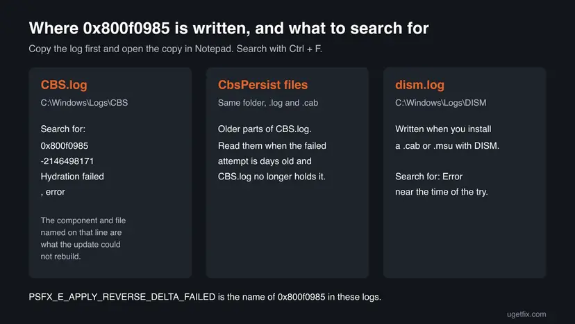 Map of the three logs for error 0x800f0985: CBS.log in the Logs CBS folder, the CbsPersist files beside it and dism.log in the Logs DISM folder, with the words to search for in each
