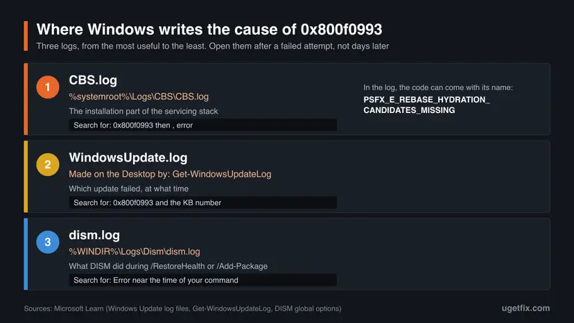 Map of the three logs for error 0x800f0993: CBS.log in the Logs CBS folder, WindowsUpdate.log made by Get-WindowsUpdateLog on the Desktop and dism.log in the Logs Dism folder, with the text to search for in each