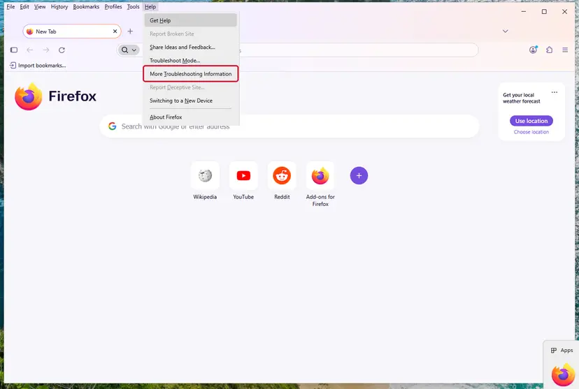 Firefox on Windows 11 with the Help menu open and More Troubleshooting Information highlighted under Troubleshoot Mode