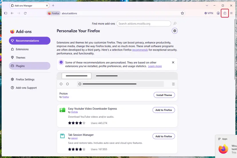 Firefox Add-ons Manager at about:addons on Windows 11 with Extensions, Themes and Plugins in the left list and the extensions button marked on the toolbar
