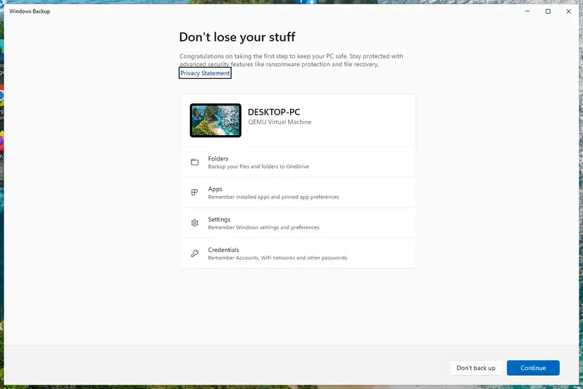 Windows Backup app listing Folders, Apps, Settings and Credentials: screenshot taken on Windows 11 26H2