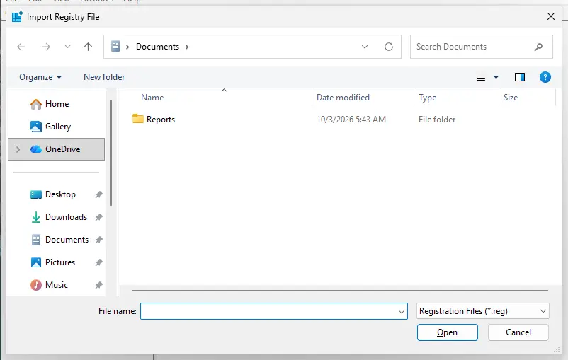 Import Registry File dialog: screenshot taken on Windows 11 26H2