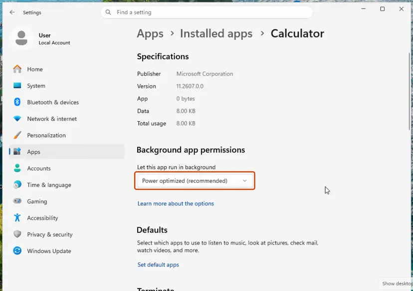 Calculator advanced options with Let this app run in background set to Power optimized (recommended): screenshot taken on Windows 11 26H2