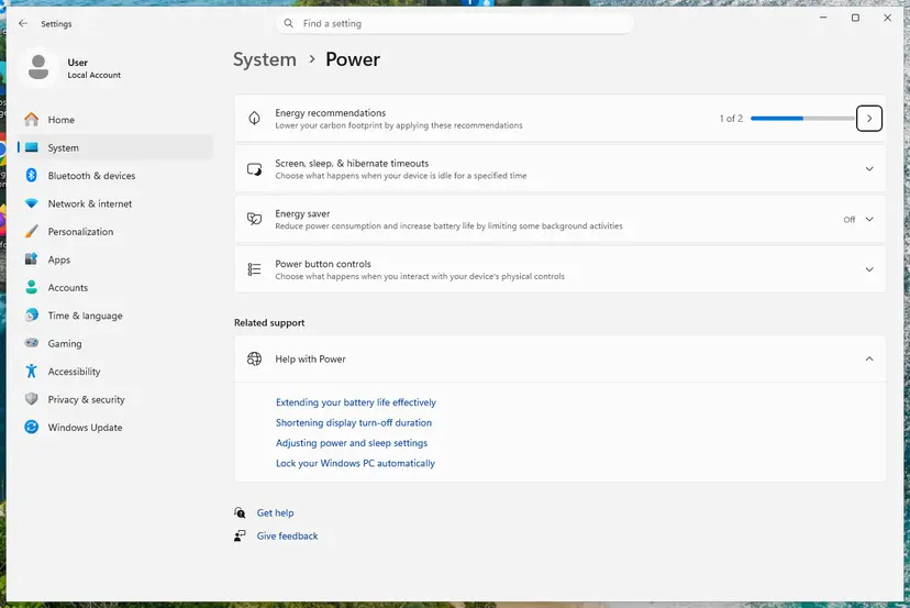Settings, System, Power page: screenshot taken on Windows 11 26H2