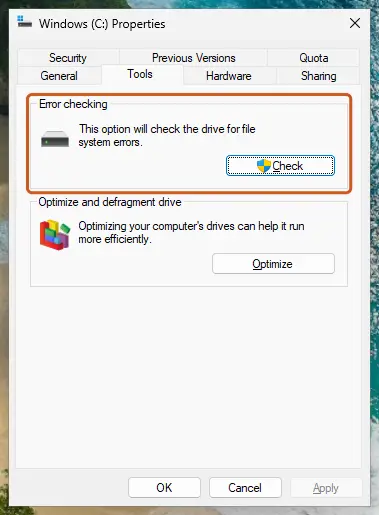 Drive Properties, Tools tab, Error checking, Check button: screenshot taken on Windows 11 26H2