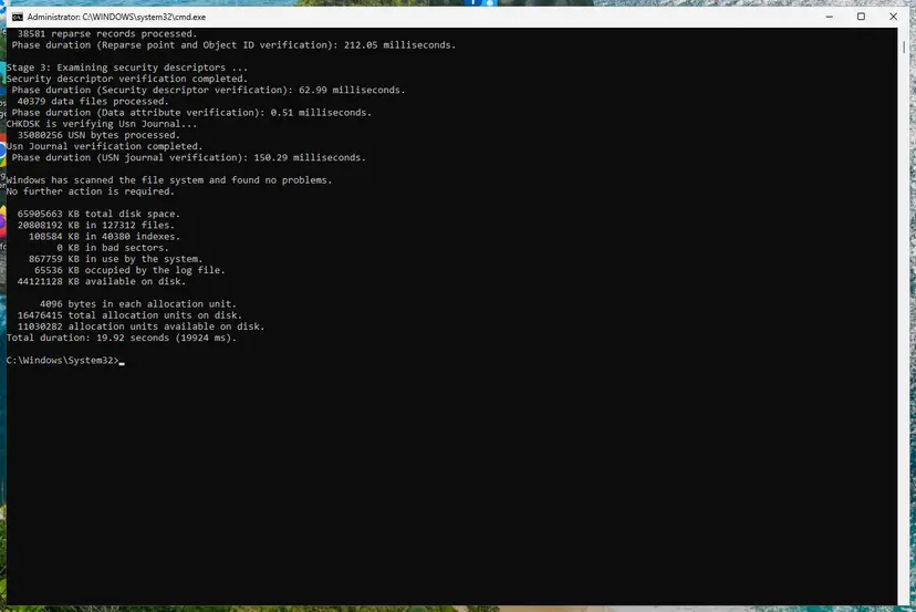 chkdsk report ending with Windows has scanned the file system and found no problems: screenshot taken on Windows 11 26H2