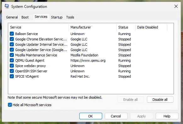 System Configuration, Services tab with Hide all Microsoft services ticked and the Disable all button: screenshot taken on Windows 11 26H2