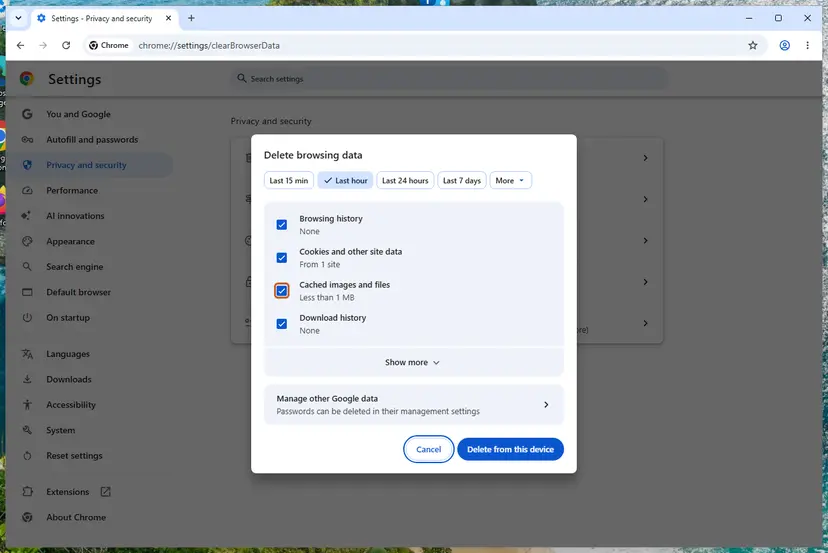 Chrome Delete browsing data dialog with Cached images and files checked: screenshot taken on Windows 11 26H2