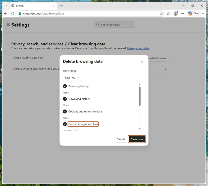 Microsoft Edge Clear browsing data window on Windows 11 with a time range list and the Cached images and files box checked