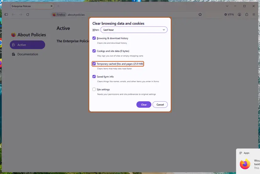 Firefox Clear browsing data and cookies dialog with Temporary cached files and pages checked: screenshot taken on Windows 11 26H2