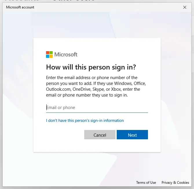 How will this person sign in? window: screenshot taken on Windows 11 26H2