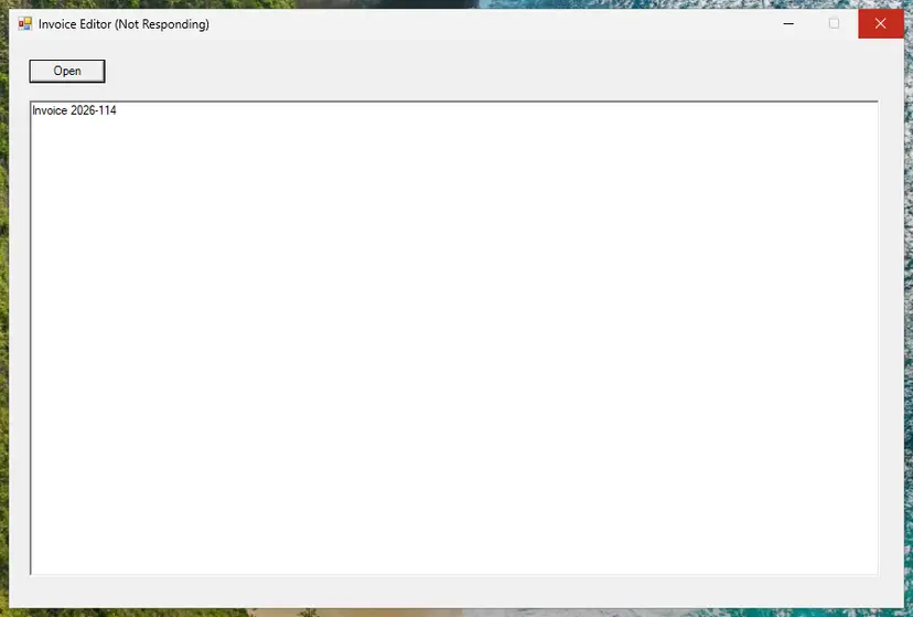 An app window with Not Responding in its title bar: screenshot taken on Windows 11 26H2