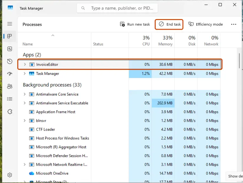 The frozen app selected in Task Manager and the End task button: screenshot taken on Windows 11 26H2
