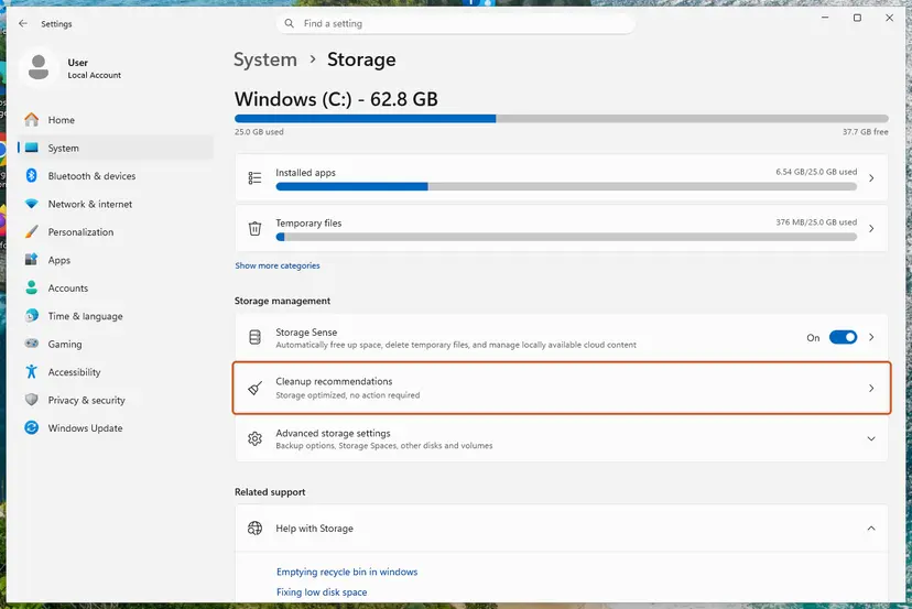 Settings, System, Storage with Cleanup recommendations under Storage management: screenshot taken on Windows 11 26H2
