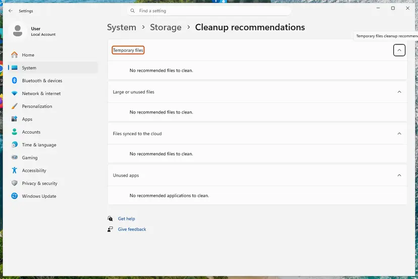 Cleanup recommendations page with four groups: screenshot taken on Windows 11 26H2