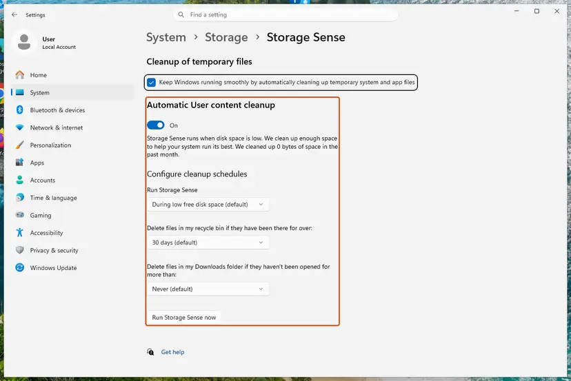 Storage Sense page with cleanup schedules and Run Storage Sense now: screenshot taken on Windows 11 26H2