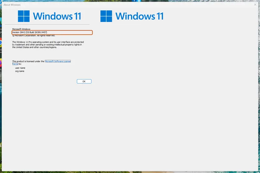 About Windows showing version and OS build: screenshot taken on Windows 11 26H2