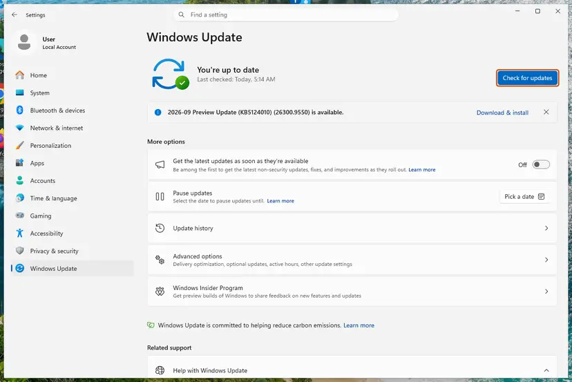 Windows Update page with an update and its KB number: screenshot taken on Windows 11 26H2