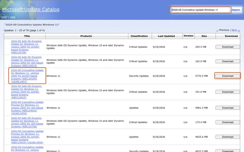 Microsoft Update Catalog search results listing the same update for arm64-based and x64-based systems with Download buttons: screenshot taken on Microsoft Update Catalog, 2026-10-03