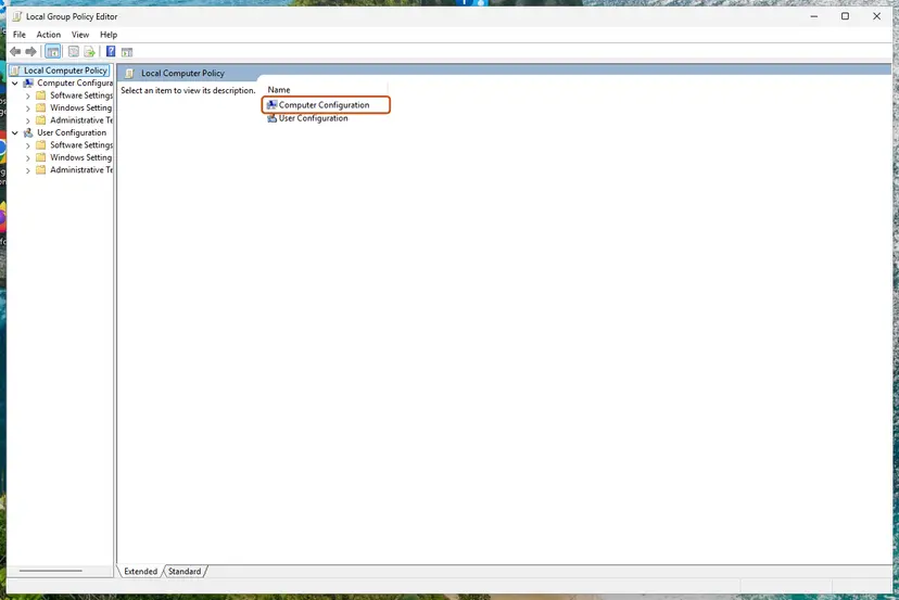 Local Group Policy Editor with Computer Configuration and User Configuration: screenshot taken on Windows 11 26H2