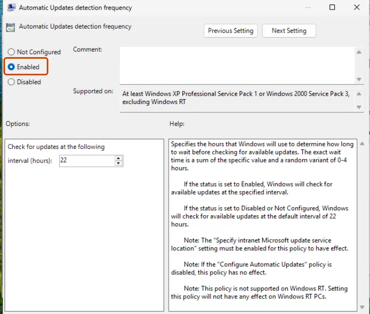 Policy window with Enabled selected and an option value: screenshot taken on Windows 11 26H2