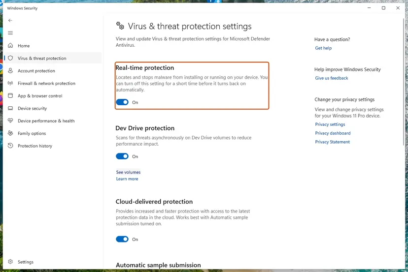 Real-time protection switch in Virus & threat protection settings: screenshot taken on Windows 11 26H2