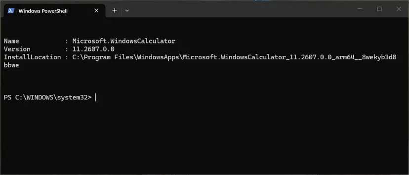PowerShell showing Name, Version and InstallLocation of the Calculator package: screenshot taken on Windows 11 26H2