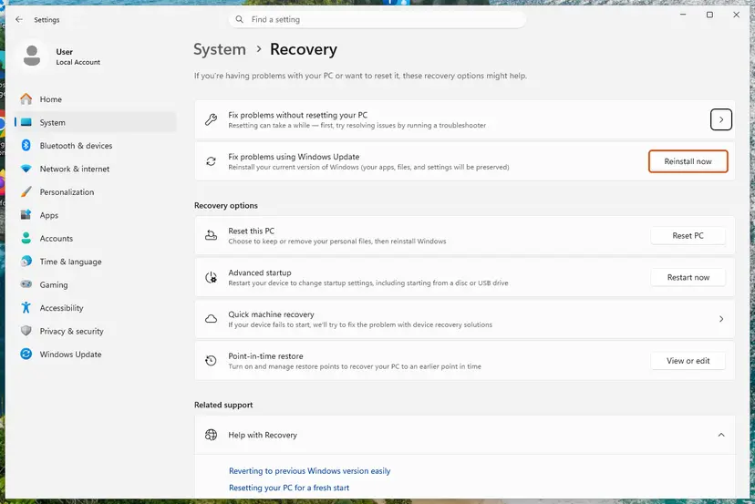 Settings, System, Recovery: Fix problems using Windows Update, Reinstall now: screenshot taken on Windows 11 26H2