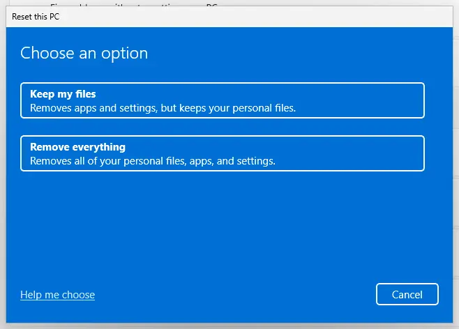 Reset this PC: Keep my files or Remove everything: screenshot taken on Windows 11 26H2