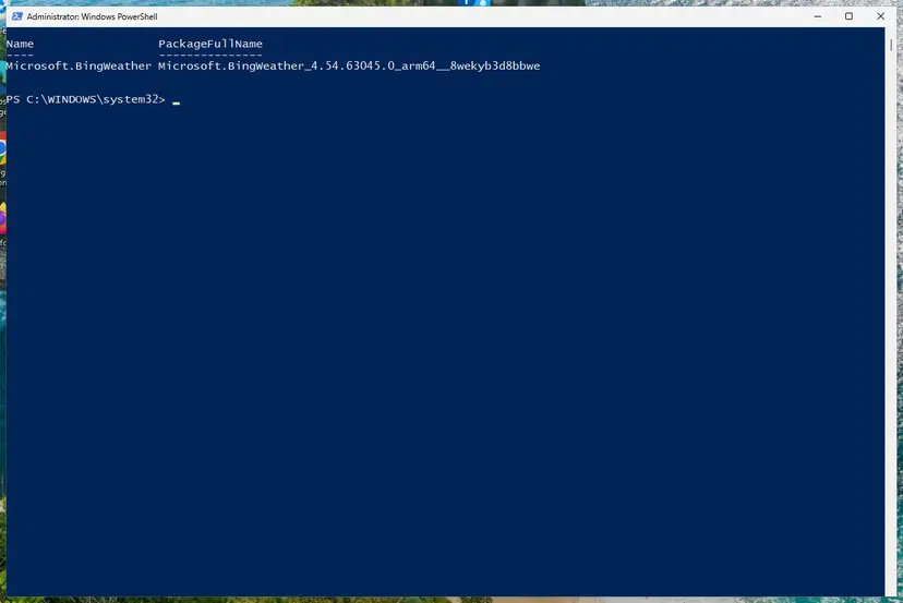 PowerShell listing Microsoft.BingWeather with its full package name: screenshot taken on Windows 11 26H2