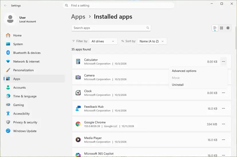 Settings, Apps, Installed apps with the three dots menu of an app open: Advanced options, Move, Uninstall: screenshot taken on Windows 11 26H2